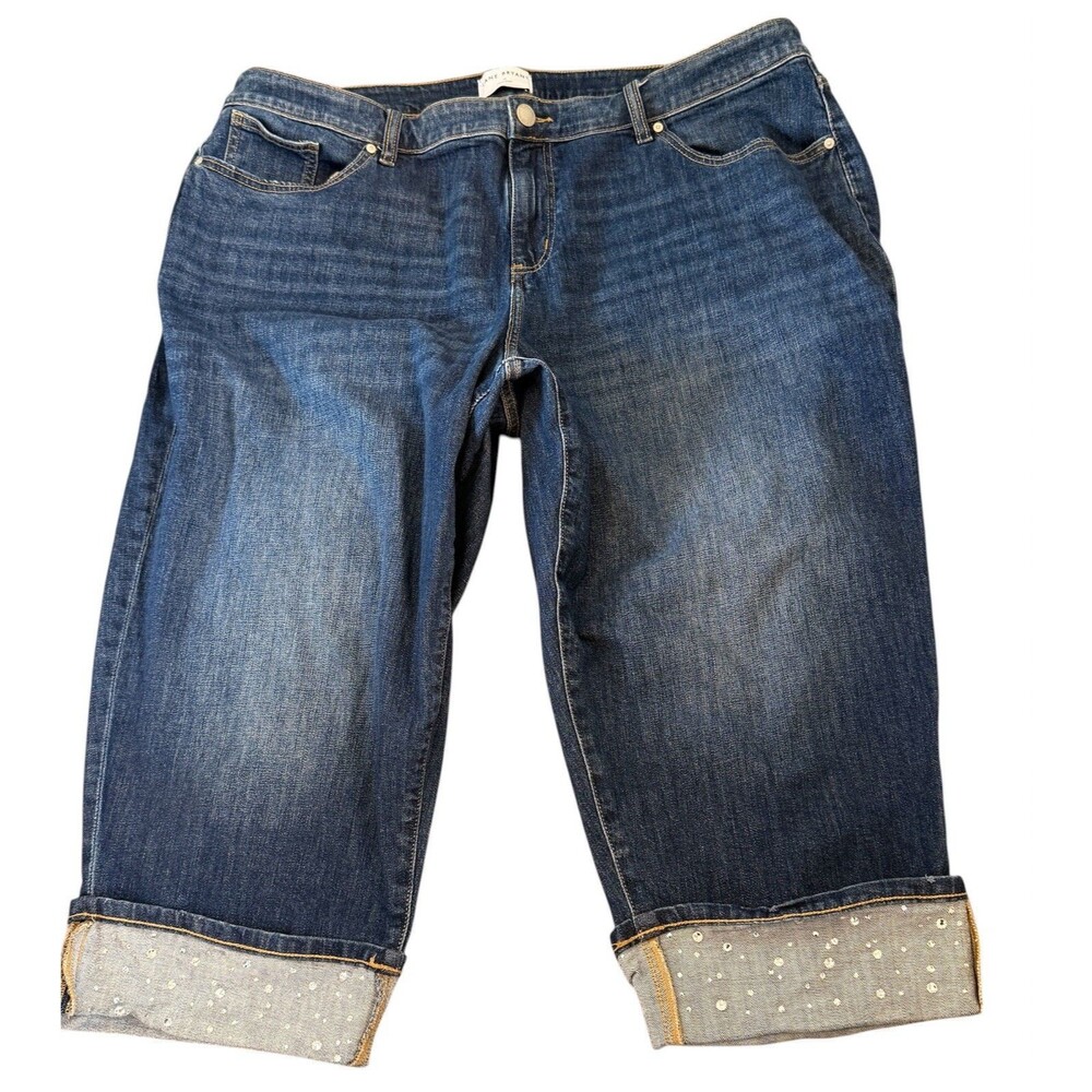 Lane Bryant Mid-Rise Boyfriend Capri Jeans Rhinestone Cuffed Womens Size 22 Blue
